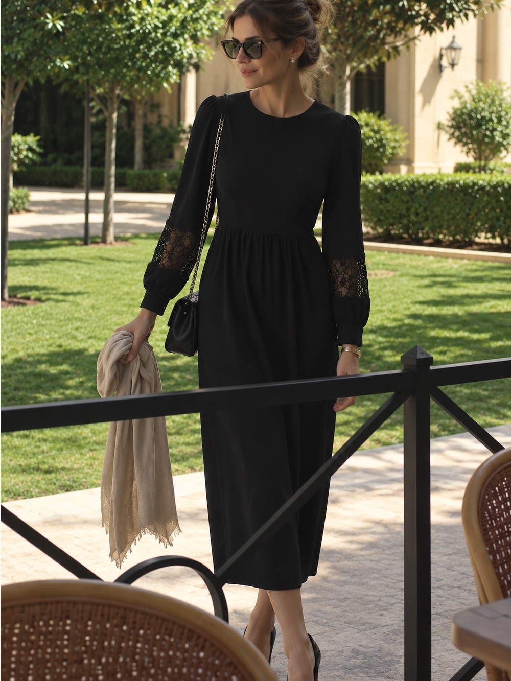 Zara Black Midi Dress with Lace Sleeve Insets
